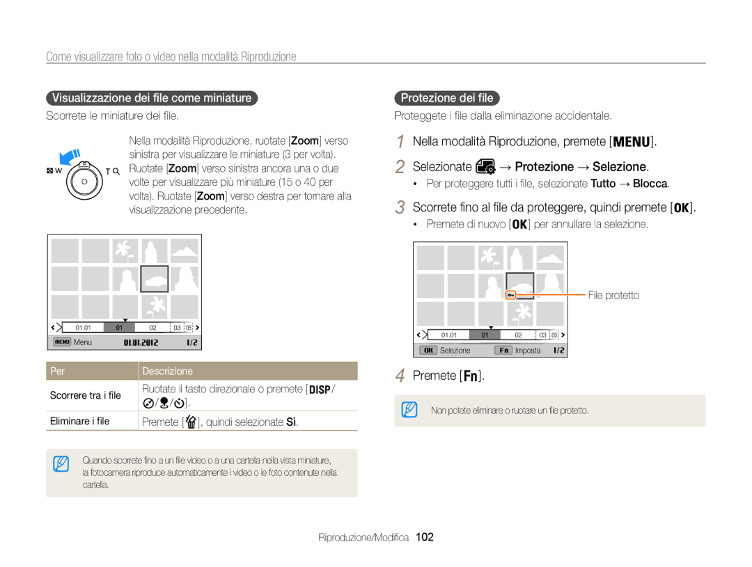 Samsung EC-WB850FDDBME manual Scorrete fino al file da proteggere, quindi premete, Protezione dei file , Per Descrizione 